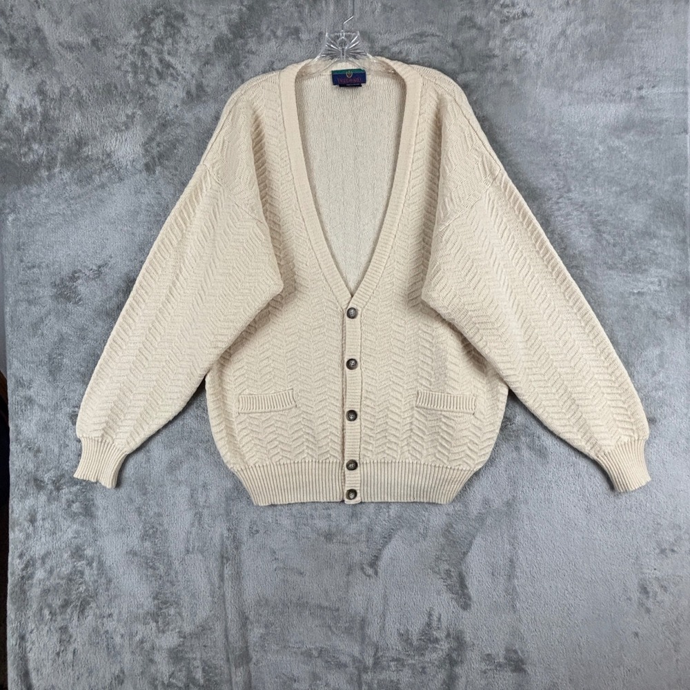 Woodward Merino Wool Cardigan Sweater Mens L Cream V-Neck Button Grandpa Vintage